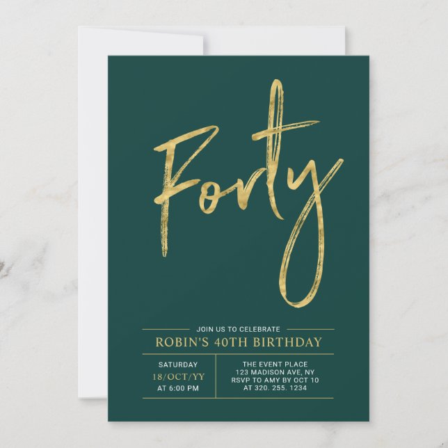 Fyrtio | Modern Guld & Grönt 40:e födelsedag Party Inbjudningar (Framsida)