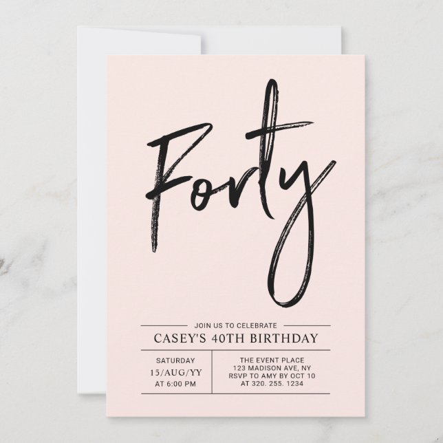 Fyrtio | Modern Rosa 40:e födelsedagen Party Inbjudningar (Framsida)