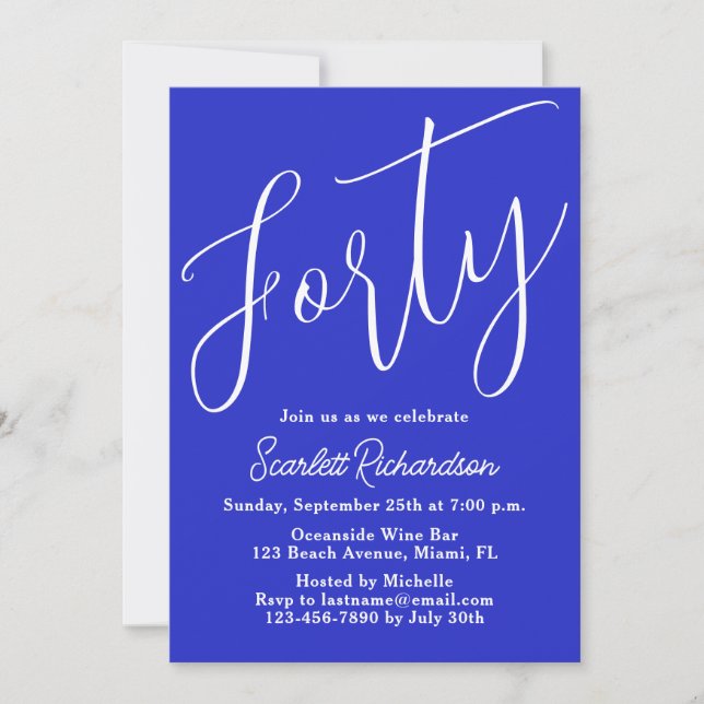 Fyrtio Modern Royal Blue 40:e födelsedagen Party Inbjudningar (Framsida)