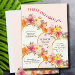 Fyrtio och Fabulous Blommigt Guld Arch 40:e födels Inbjudningar<br><div class="desc">40-årsdagen för inbjudan till kvinnofest. Utformningen heter "Fyrtio och Fabulous" och mallen är konfigurerad så att du kan lägga till anpassningsbar inbjudan. Denna utformning av den söt blommigten har moderna guld-bågar och -trädgårdar av blommor och löv i persikor och krämfruktsallad med rosans orange och gult. Perfekt för en överraskningsfödelsedag, födelsedagslunch,...</div>