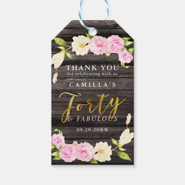 Fyrtio och Fabulous Rustic Blommigt Birthday Favor Presentetikett (Framsidan)
