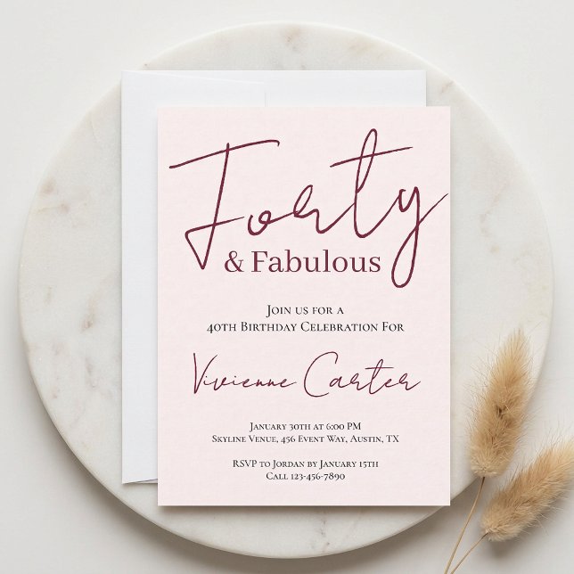 Fyrtio och fantastisk rosa 40-årsfest inbjudningar (Forty and Fabulous Blush Pink 40th Birthday Party Invitation)