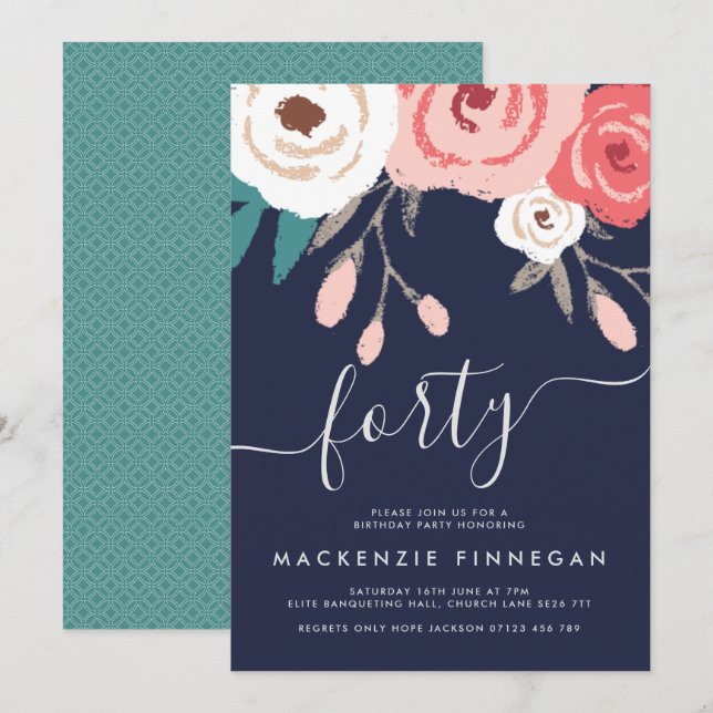 Fyrtio och korall fyrtionde Födelsedagsfesten Inbjudningar (Fram/baksida)