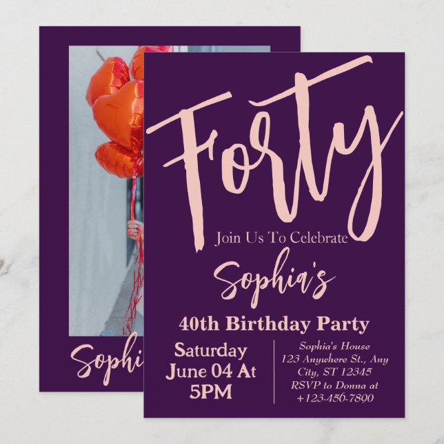 Fyrtio Rosa Lila Modern 40:e födelsedag Party Inbjudningar (Fram/baksida)