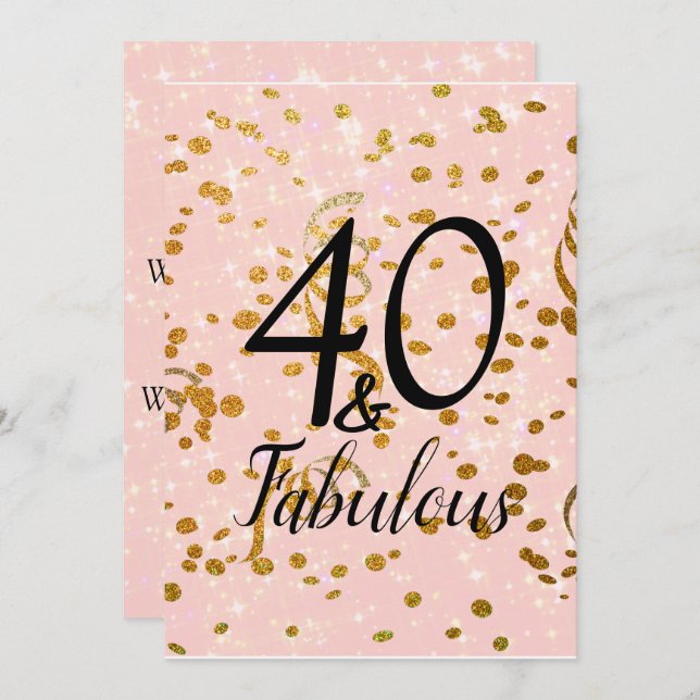 Fyrtio Rosa Stars Guld Confetti Birthday Inbjudningar (Fram/baksida)