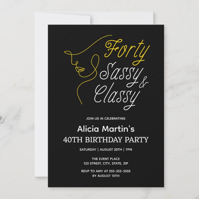 Fyrtio Sassy & Classy Guld Black 40:e födelsedagen Inbjudningar (Framsida)