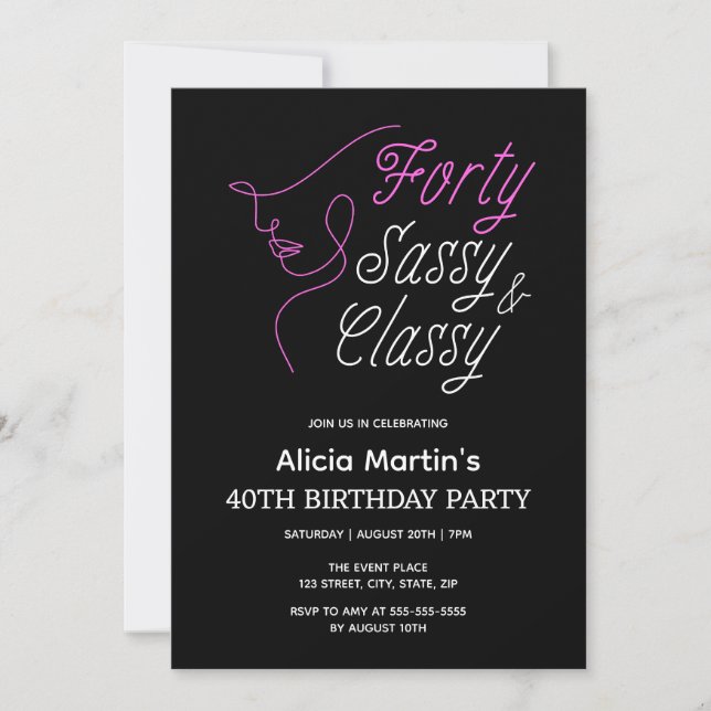 Fyrtio Sassy & Classy Rosa Black 40:e födelsedagen Inbjudningar (Framsida)