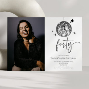 Fyrtio Silver Disco Ball Foto 40-års Födelsedagsfe Inbjudningar