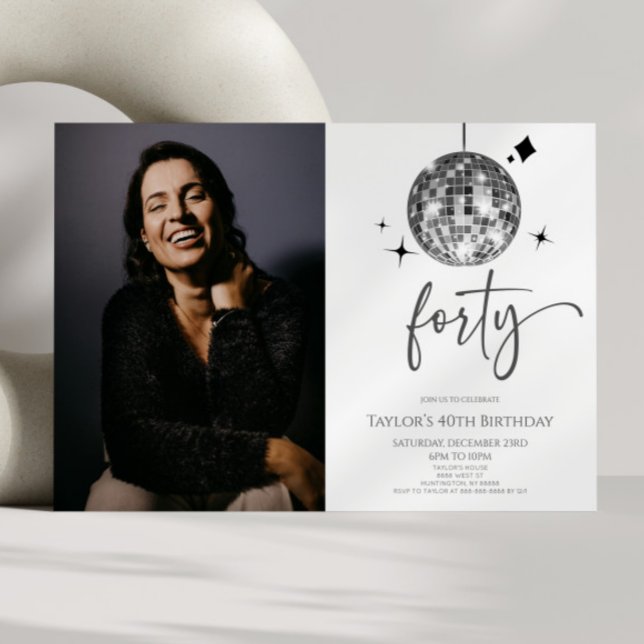 Fyrtio Silver Disco Ball Foto 40-års Födelsedagsfe Inbjudningar (Skapare uppladdad)