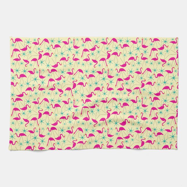 Fyrtiofemtio - rosa flamingos och stjärnor tehandd kökshandduk (Horisontell)