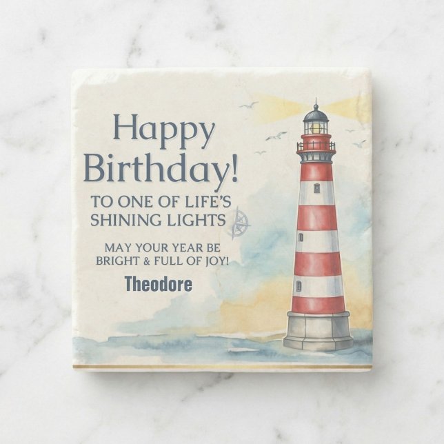Fyrtorn Födelsedag Skinande Ljus Stenunderlägg (Coastal charm for birthdays.)