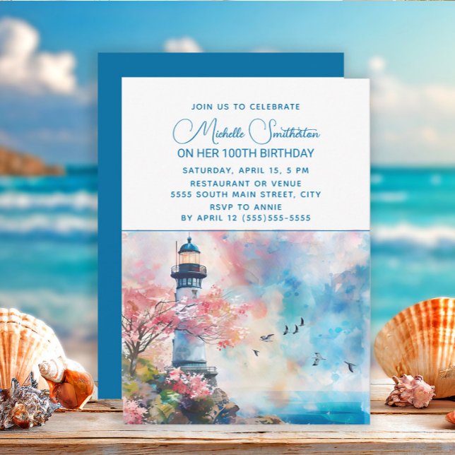 Fyrtorn Hav Marin 100-årsdag Inbjudningar (Lighthouse/beach birthday party invitation)