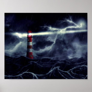 Fyrtorn i stormiga sjö - digital illustration poster