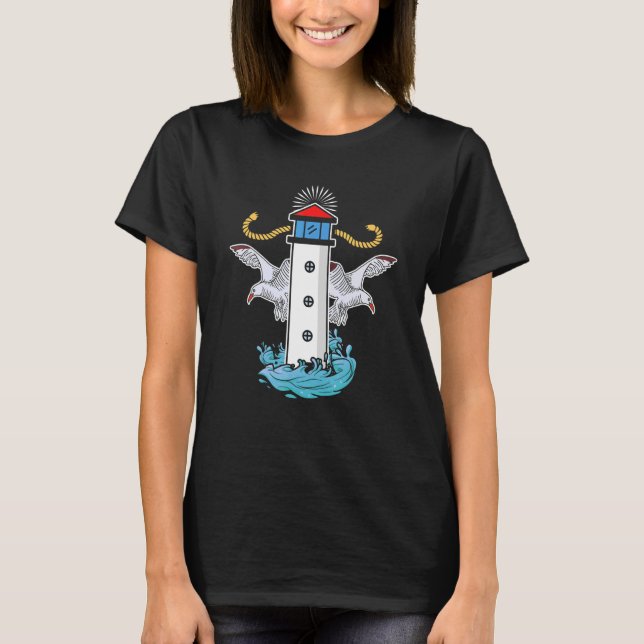 Fyrtorn med duvor måsar Nordsjön kust C T Shirt (Framsida)
