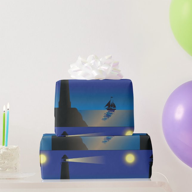 Fyrtorn och segelbåt vid Nattens månbelysta hav Presentpapper (Skapare uppladdad)