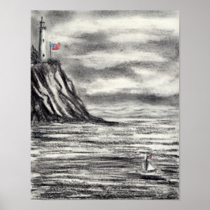 Fyrtorn och segelbåtens kol teckning poster
