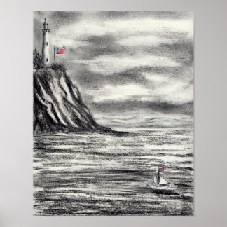 Fyrtorn och segelbåtens kol teckning poster