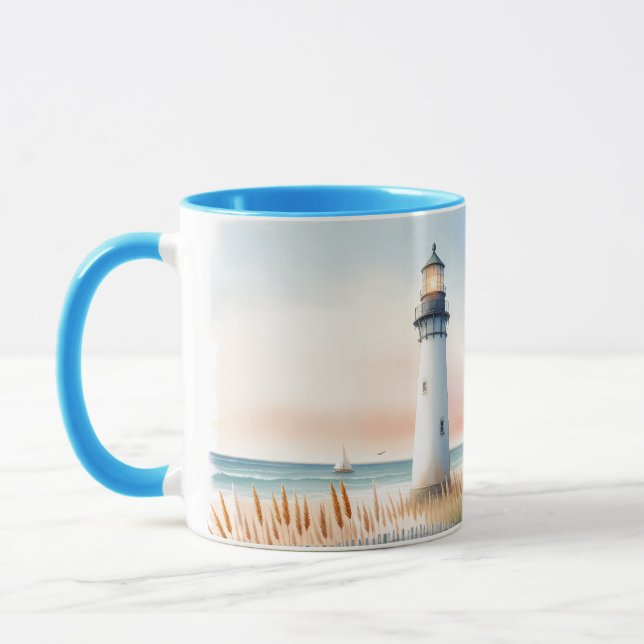 Fyrtorn och stuga vid havet i akvarellscen mugg (Vänster)