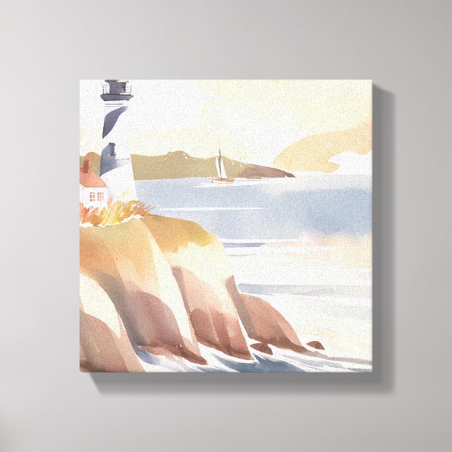 Fyrtorn på Shore | Vattenfärg, hav Canvastryck (Framsida)