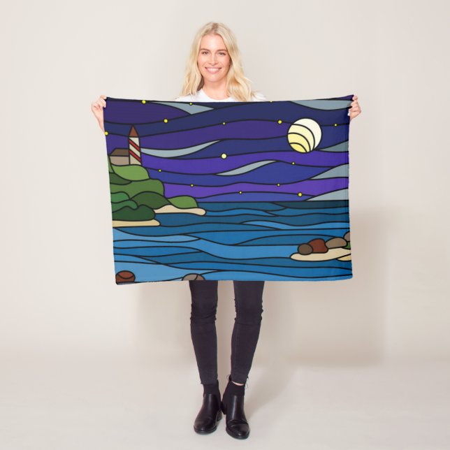 Fyrtorn Seashore under Himlar Måne Stars nattetid Fleecefilt (På plats)