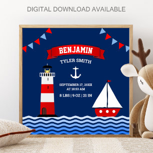 Fyrtorn Segelbåt Marin Födelse Statistik för Baby Poster