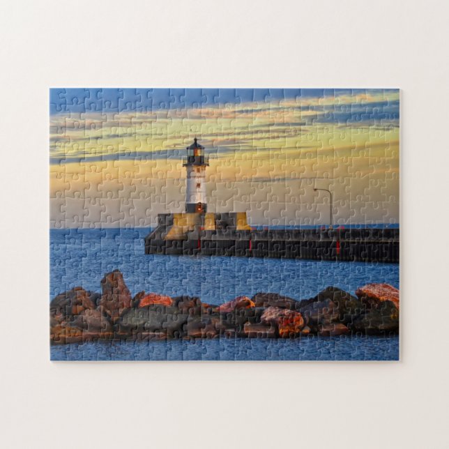 Fyrtorn Solnedgång Duluth Minnesota Pussel (Horisontell)