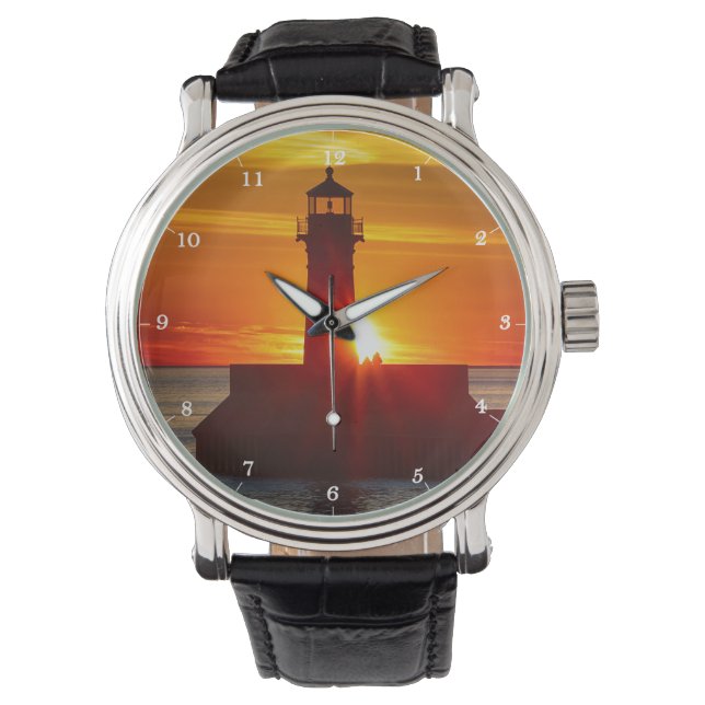 Fyrtorn Soluppgång Duluth Minnesota Lake Superior Armbandsur (Framsida)