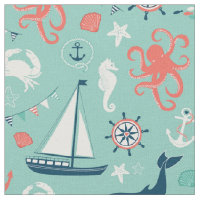 Fyrvågor och segelbåtar Nautical Aqua Fabric