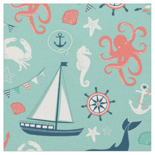 Fyrvågor och segelbåtar Nautical Aqua Fabric Tyg