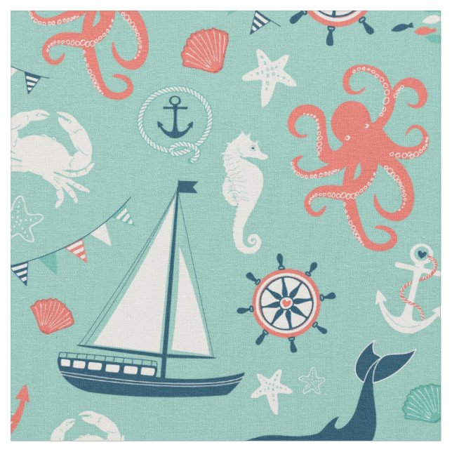 Fyrvågor och segelbåtar Nautical Aqua Fabric Tyg (Närbild)
