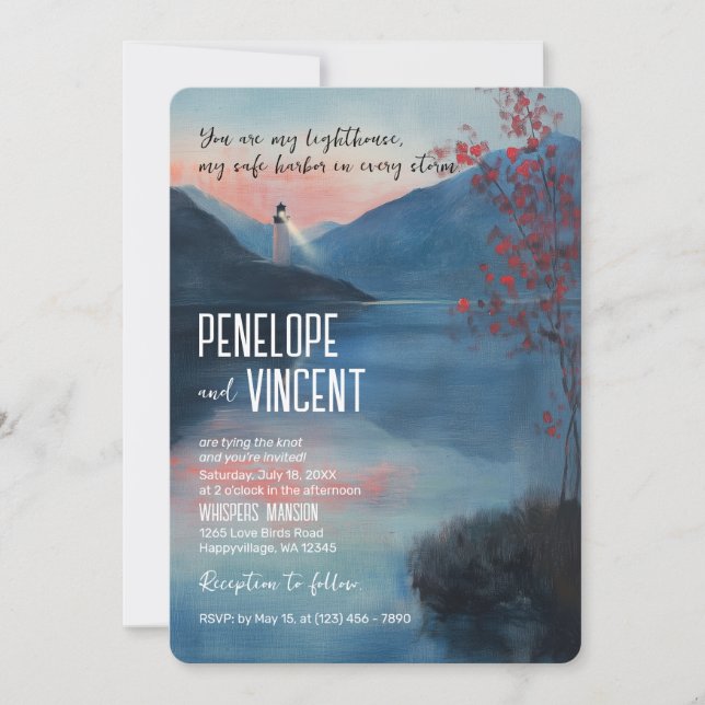 Fyrvåning vid sjö bröllop inbjudningar (Framsida)