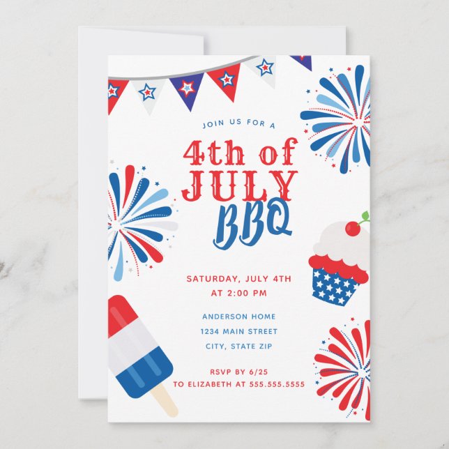 Fyrverkeriarbeten 4 juli BBQ Inbjudningar (Framsida)