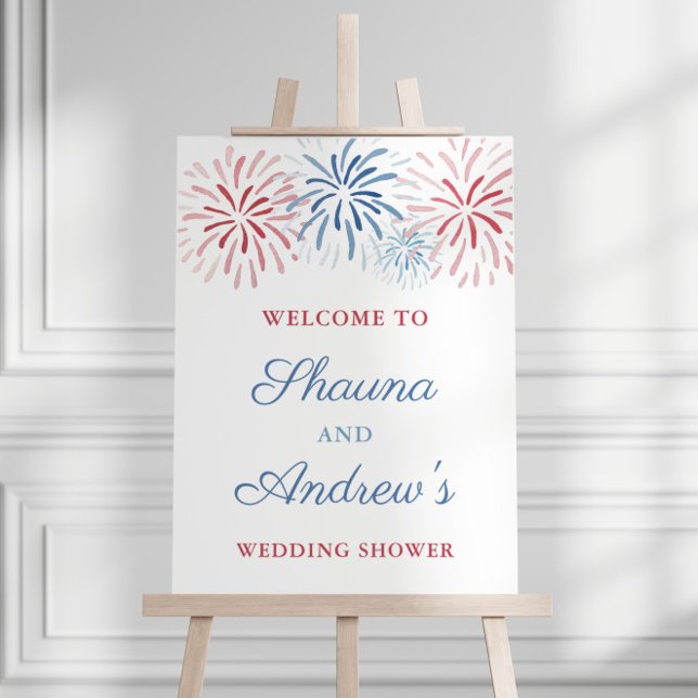 Fyrverkerier 4 juli par bröllopsfest välkommen poster (Red White and Blue firework bursts Independence Day Holiday Weekend Wedding Shower Welcome Sign)