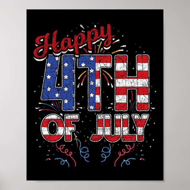 Fyrverkerier Glad 4:e Juli USA Flagga Amerikansk 4 Poster (Framsidan)