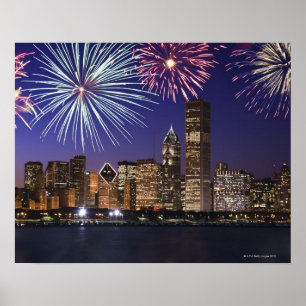 Fyrverkerier över Chicago horisont Poster
