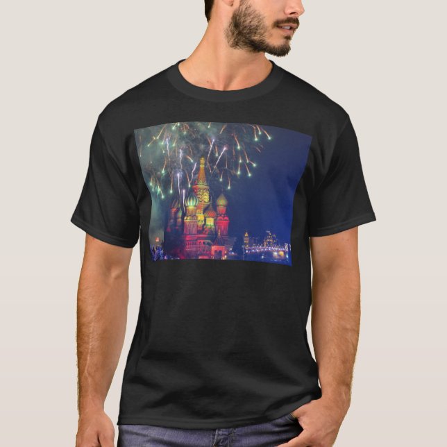 Fyrverkerier över rött kvadrerar t-shirt (Framsida)