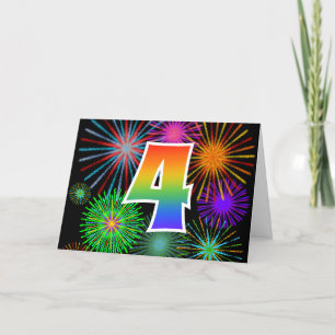 Fyrverkerier + Rainbow Mönster "4" Händelsenummer Kort