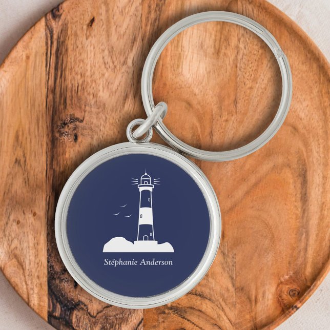 Fyrverksblå marinblå rund silverfärgad nyckelring (Lighthouse Navy Blue Keychain)