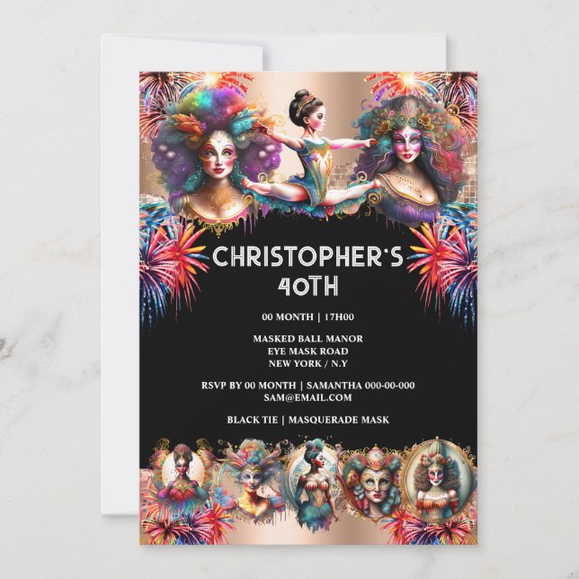 Fyrverkskarneval i färglöst föreställning från par inbjudningar (Framsida)