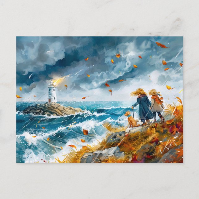 Fyrverksvy i höststorm från Cliff Helg Vykort (Framsida)