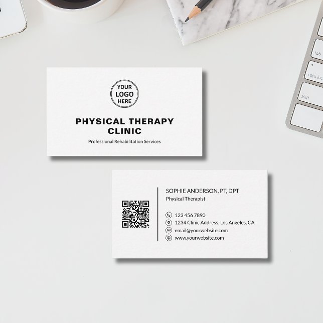 Fysioterapi Klinisk Anpassad Logotyp QR Vit Visitkort (Physical Therapy Clinic Custom Logo QR White Business Card)