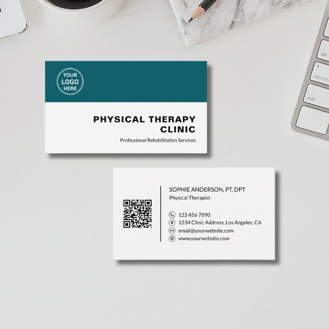 Fysioterapiklinik Professionell Logo QR Teal Visitkort (Physical Therapy Clinic Professional Logo QR Teal Business Card)