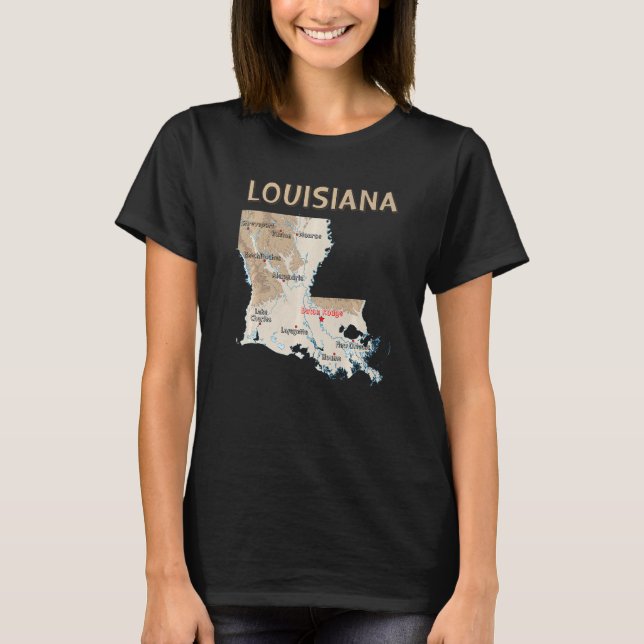 Fysisk Karta i Louisiana Major Cities Sjöar T Shirt (Framsida)