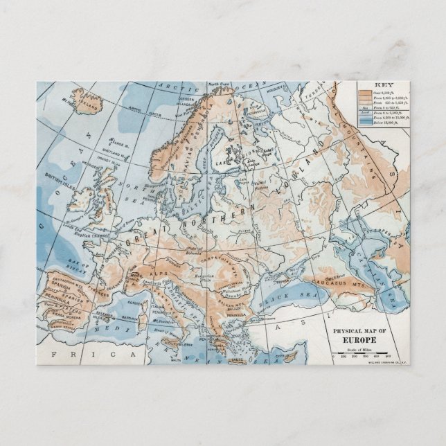 Fysisk karta över Europa (1916) Vykort (Framsida)