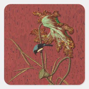 G.A. Audsley Vintage Röd Japansk Fågel Lotus Art Fyrkantigt Klistermärke