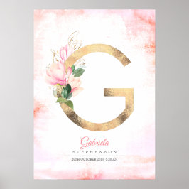 G Bokstavsmonogram Guldblad Rosa Magnolia Blommig Poster
