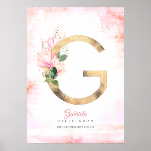 G Bokstavsmonogram Guldblad Rosa Magnolia Blommig Poster