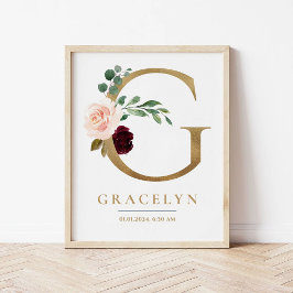 G Brev Monogram Namn Marsala Blommigt Nursery Poster