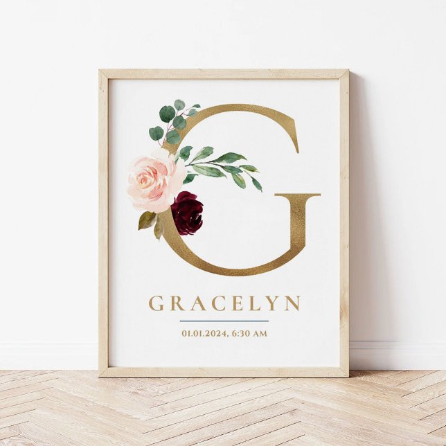 G Brev Monogram Namn Marsala Blommigt Nursery Poster (Skapare uppladdad)