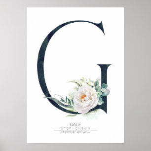 G Brev Monogram White Flowers and Greenery Poster
